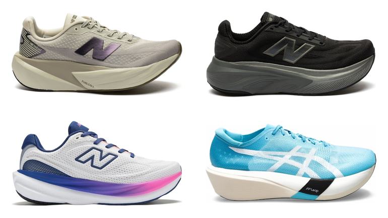 Tênis para corrida com drop baixo: New Balance Fuelcell Rebel V5, New Balance Fresh Foam X More V6, New Balance 1080 v15 e Asics Metaspeed Sky Tokyo